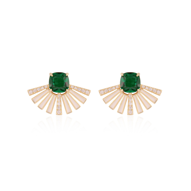 White Enamel & CZ Fan Studs in Emerald