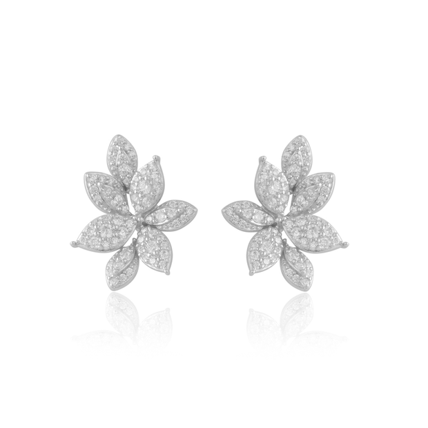 3D Leaves CZ Design Studs in White Gold