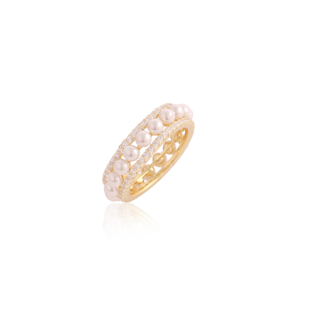 Pearl & CZ Ring in Yellow Gold