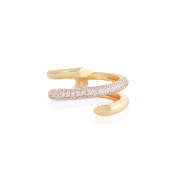 Polished & CZ Pave Wrap Around Ring in Yellow Gold