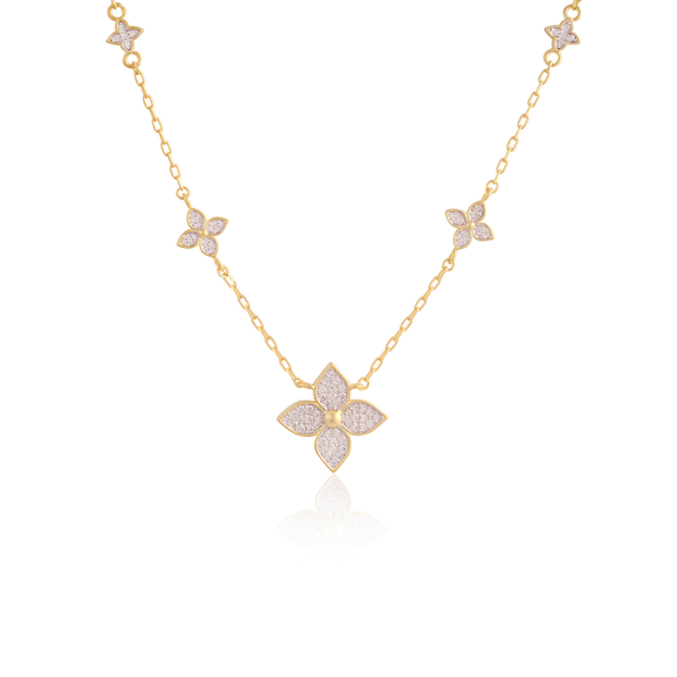 Pave Flower Necklace  in Yellow Gold