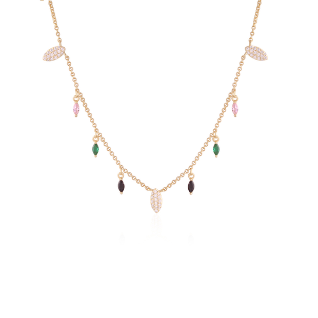 Pave & Multi-Color CZ Marquis Charm Necklace in Yellow Gold