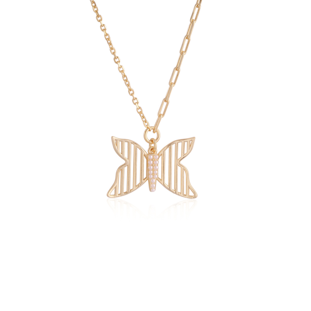 Mini Pearls Pave Butterfly Cutout Pendant in Yellow Gold