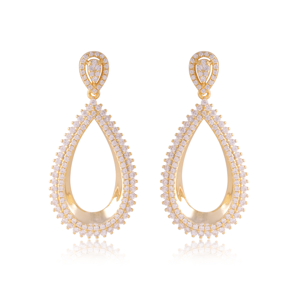 Polished & CZ Pave Edgy Teardrop Earring in Yellow Gold