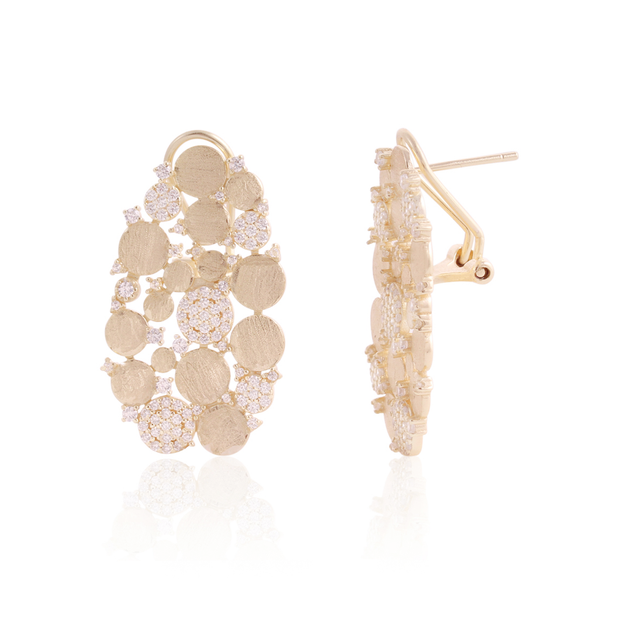 Brushed & CZ Pave Circles Oval Drop Earrings in Yellow Gold
