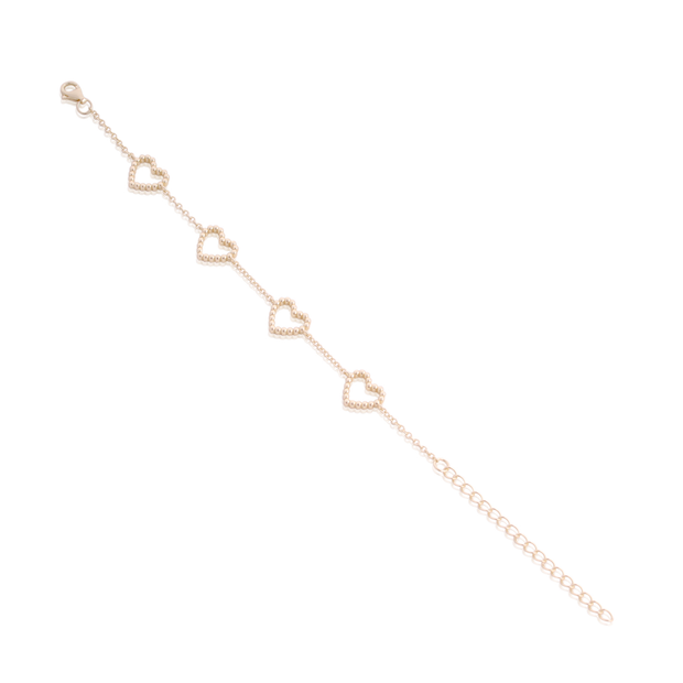 Four Open Beaded Hearts Bracelet in Yellow Gold