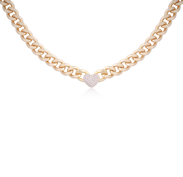 Pave Puffed CZ Heart Cuban Link Necklace in Yellow Gold