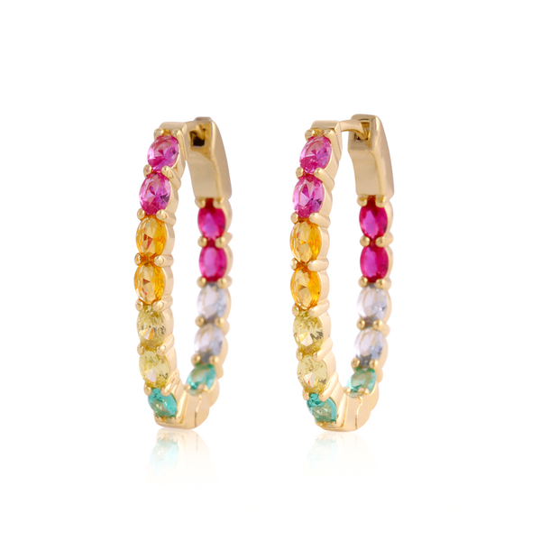 Ombre Rainbow CZ Oval 30mm Hoops in Yellow Gold