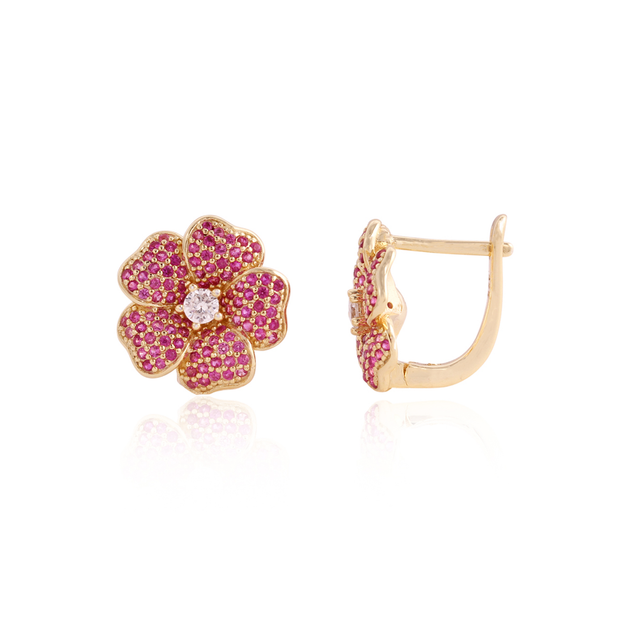 Pave Ruby CZ Petals Flower Studs in Yellow Gold