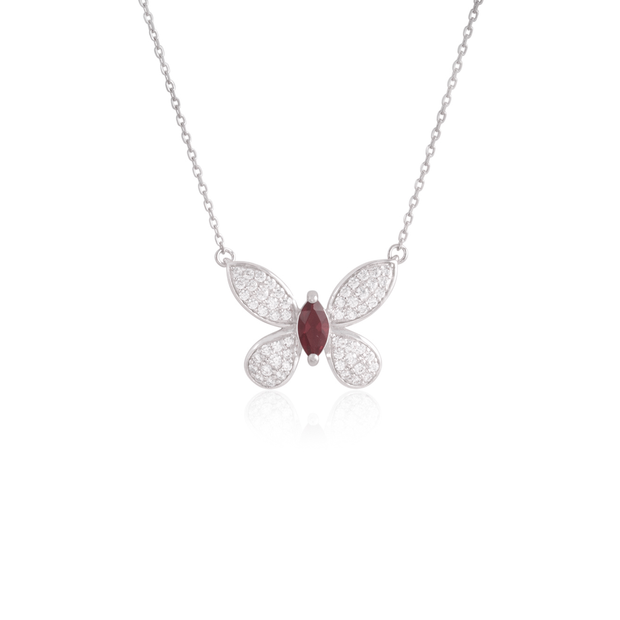 Pave Ruby Center Butterfly Pendant in White Gold