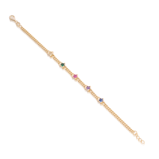 Multi-Colored Stars Cuban Chain Bracelet in Yellow Gold