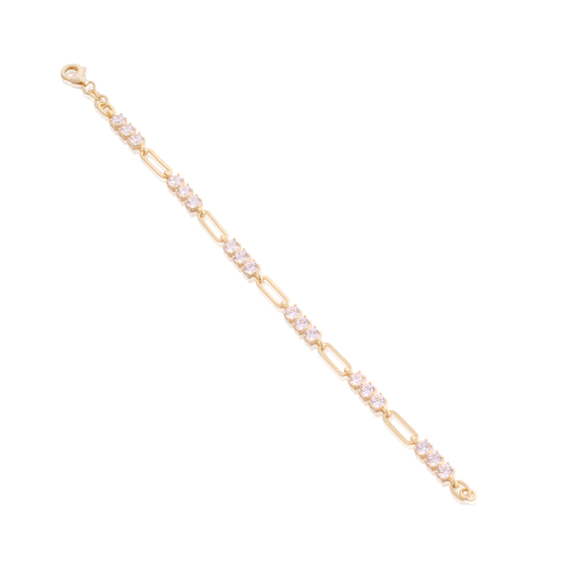 Triple CZ & Paperclip Link Bracelet in Yellow Gold