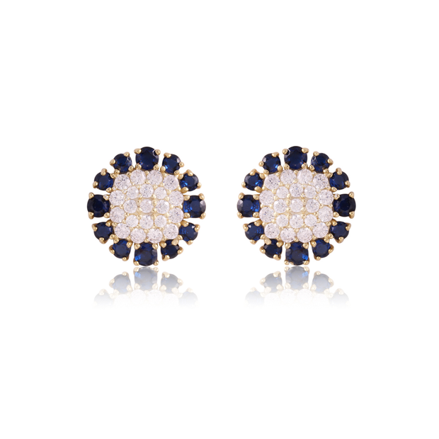CZ Center Sapphire Border Studs in Yellow Gold