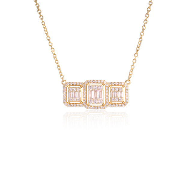 Triple Rectangle Halo Bar Necklace in Yellow Gold