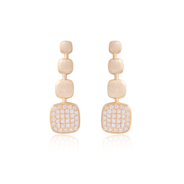 Graduating Brushed & CZ Squares Earring in Yellow Gold