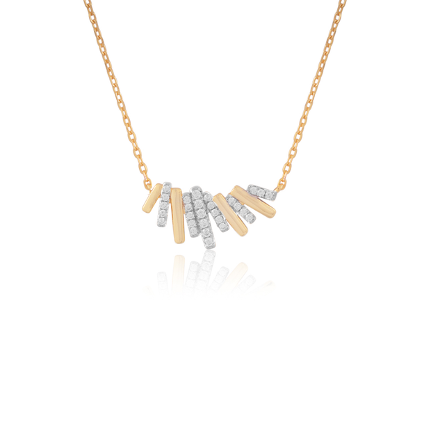 Polished & CZ Fanned Small Bar Necklace in Yellow Gold