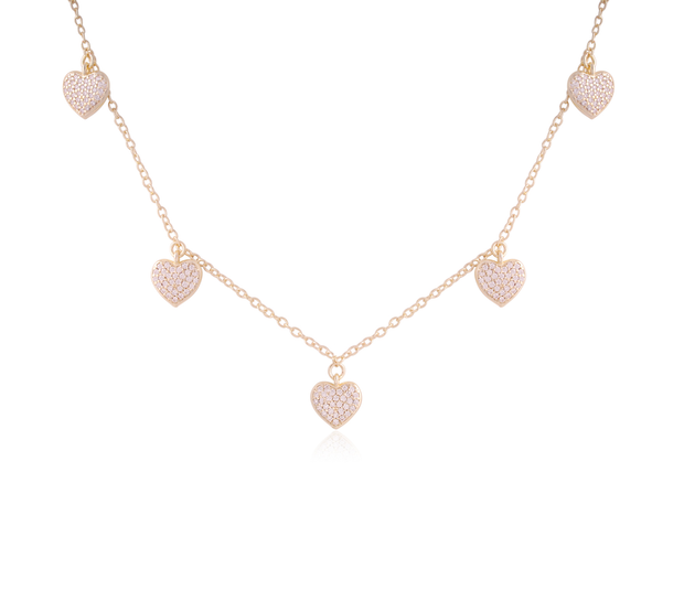 Hanging Pave Hearts Necklace in Yellow Gold