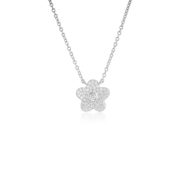 Pave CZ Center Small Flower Pendant in White Gold