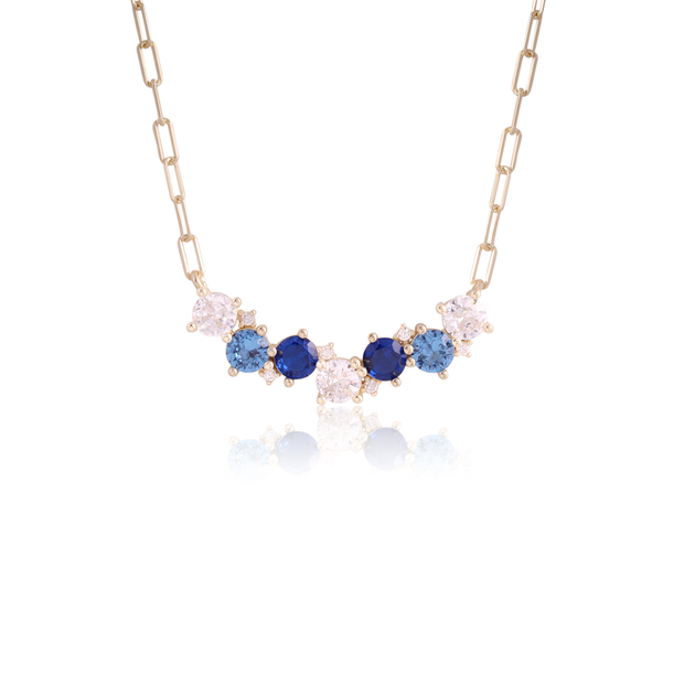 Cluster Style Blue Mix Bar Necklace on Paperclip Chain
