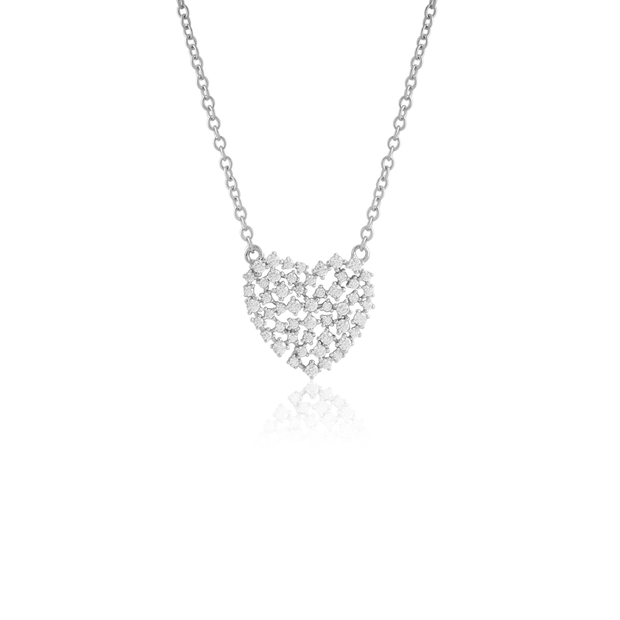Flat Cluster Heart Pendant in White Gold