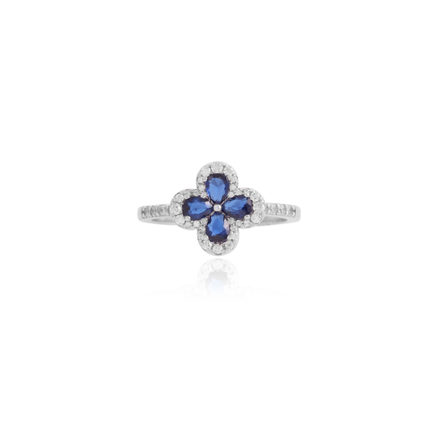 Four Petal Sapphire CZ Clover Ring in White Gold