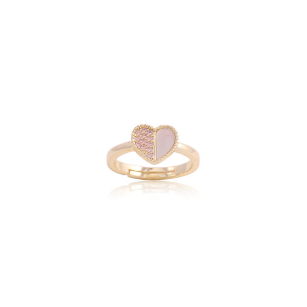 Small Half MOP Half Pink CZ Heart Adj Ring