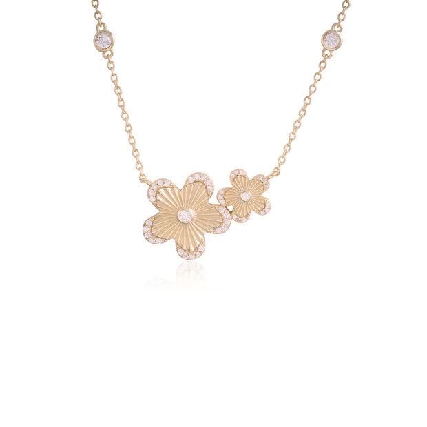 Pleated CZ Edge Double Flower Necklace in Yellow Gold