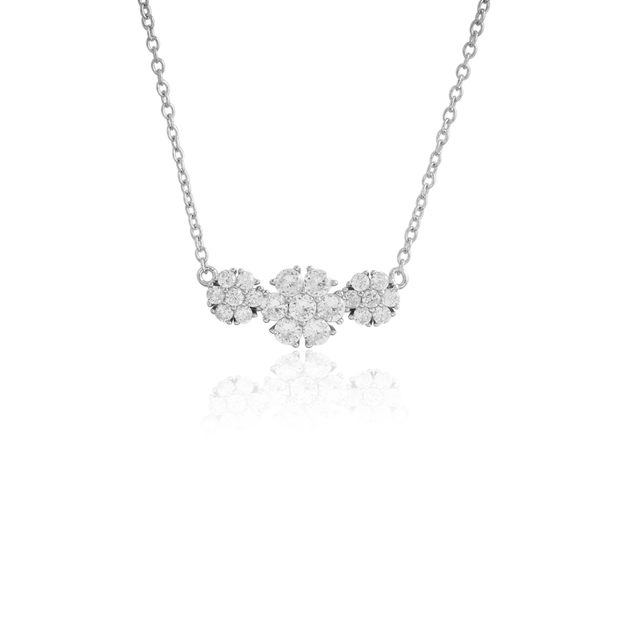 Triple Flower Set CZ Bar Necklace in White Gold