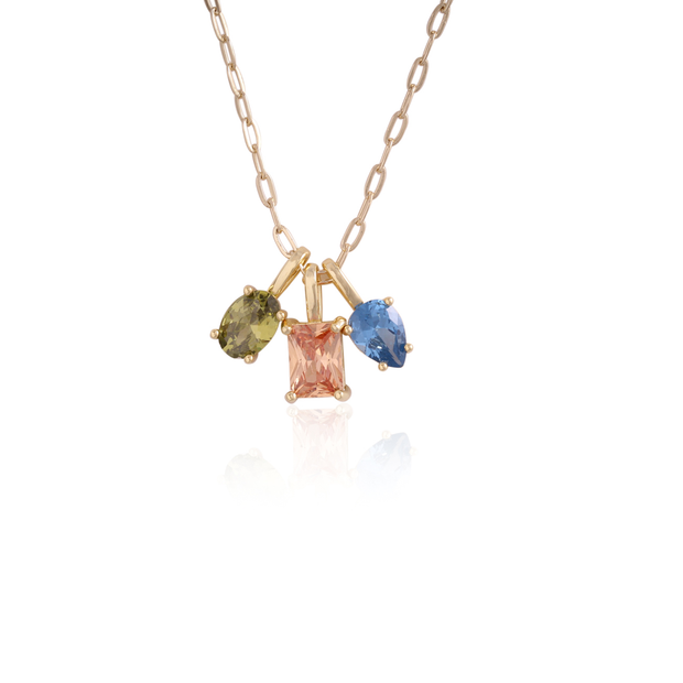 Three Multi-Colored Charm Necklace in Yellow Gold