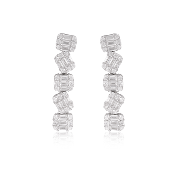 Baguette Rectangle Row CZ Earrings in White Gold