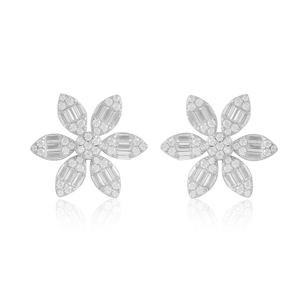 Baguette & CZ Oversized Pointy Flower Studs in White Gold