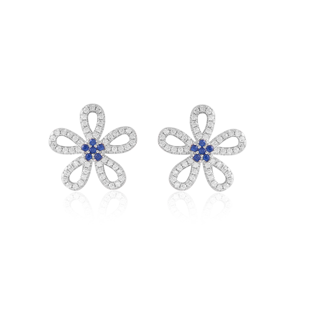 Open CZ Pave Flower Sapphire Center Studs in White Gold
