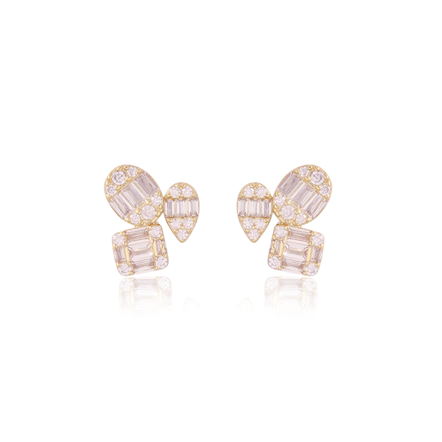 Triple Cluster Shape CZ Studs in Yellow Gold