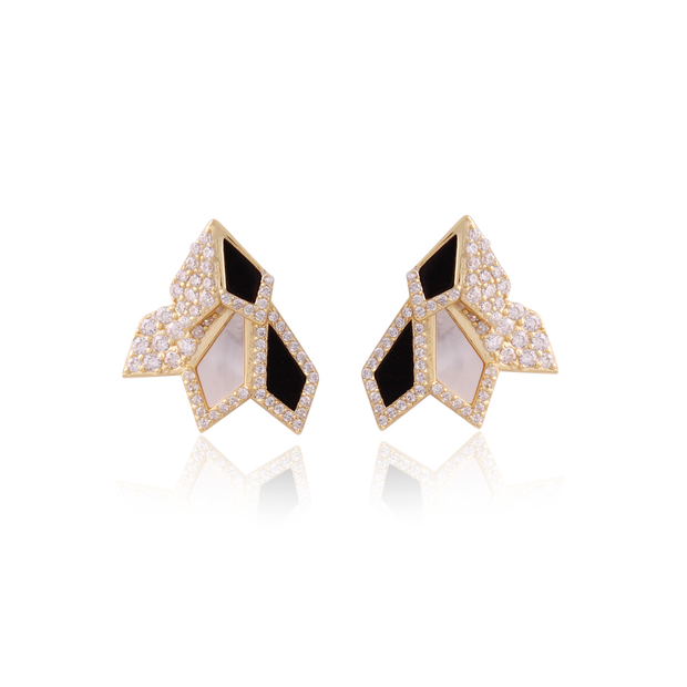 Onyx & MOP Asymmetrical Studs in Yellow Gold