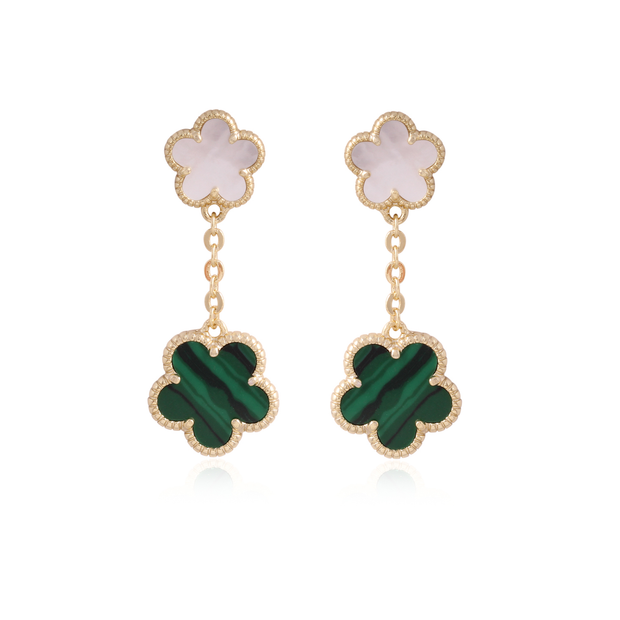 MOP & Green Stripe Double Flower Chain Earrings