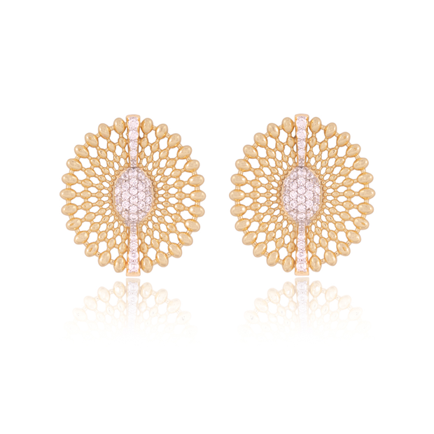 Beaded & CZ Inverted Oval Studs in Yellow Gold