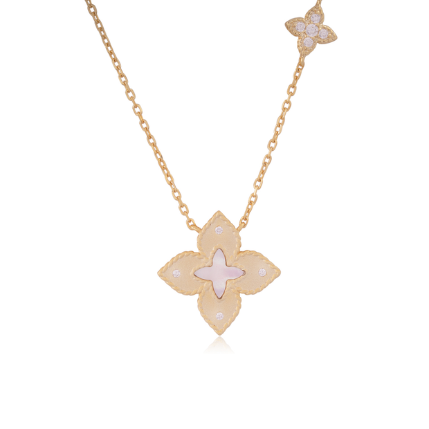Pointed Brushed & MOP CZ Clover Pendant in Yellow Gold