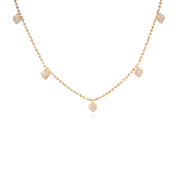 Mini Pave Hearts Ball Chain Choker Necklace in Yellow Gold