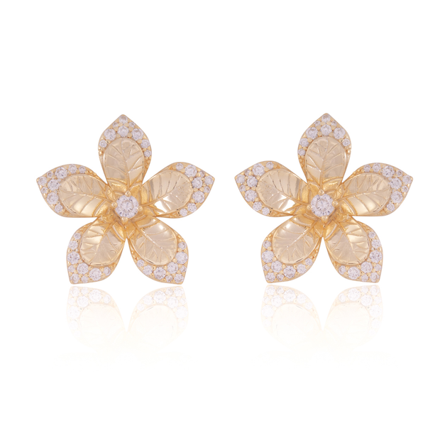 Five Petal CZ Tip Textured Flower Studs in Yellow Gold