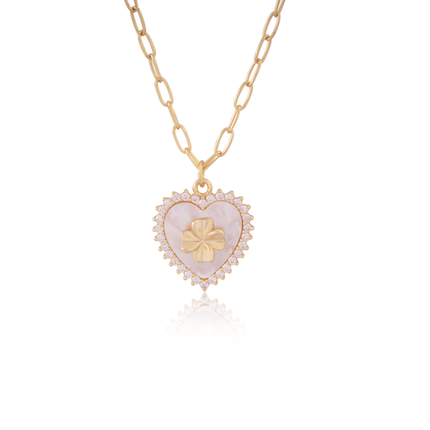 MOP Heart Clover Center Edgy CZ Border Pendant in Yellow Gold