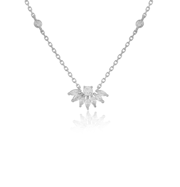 Half Flower Bezel CZ Chain Pendant Necklace in White Gold