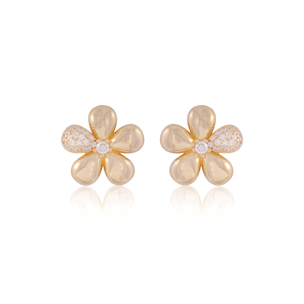 Puffed Polished CZ Pave Five Petal Flower Studs in Yellow Gold