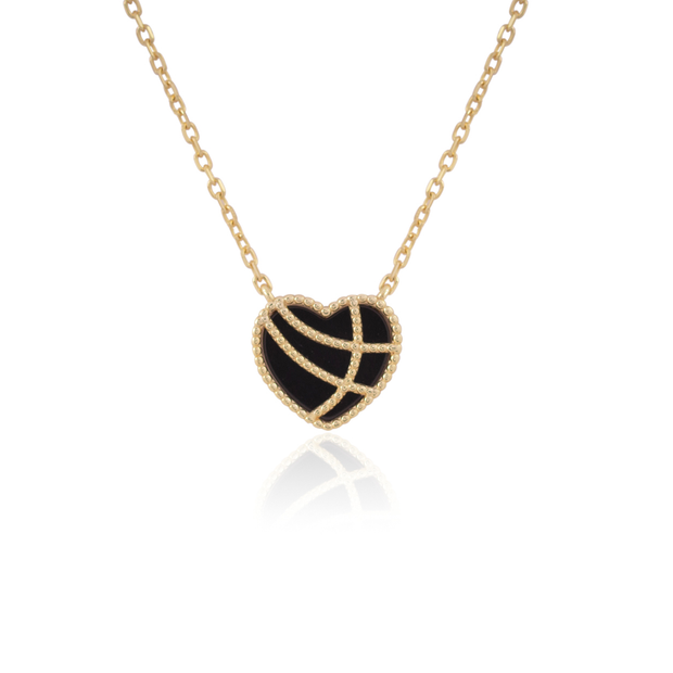 Onyx Heart with Ribbed Overlay Pendant in Yellow Gold
