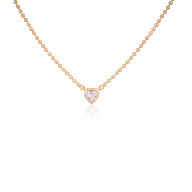 Bezel CZ Heart Solitaire Ball Chain Necklace