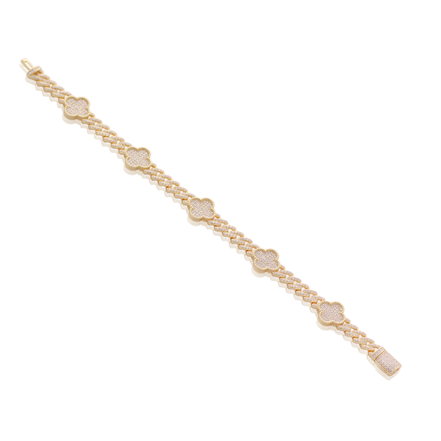 Pave Moissanite Clover Cuban Link Bracelet in Yellow Gold