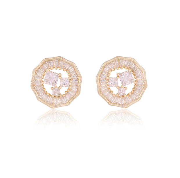 Triple Square CZ Baguette Halo Ripped Studs in Yellow Gold