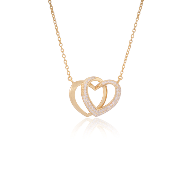 Polished & Double Row CZ Hearts Necklace in Yellow Gold