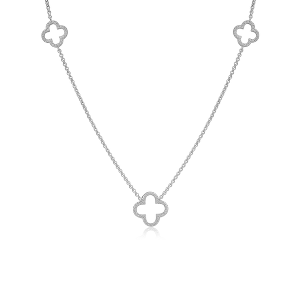 Open Short Pave Clover Necklace in White Gold