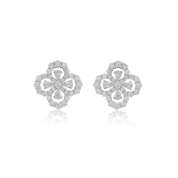 CZ Open Design Clover Studs in White Gold