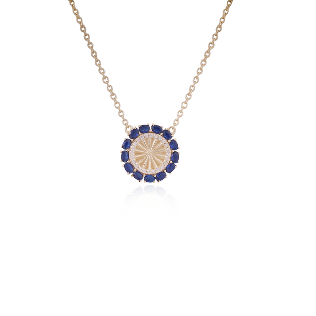 Oval Sapphire & CZ Halo Brushed Textured Disc Pendant
